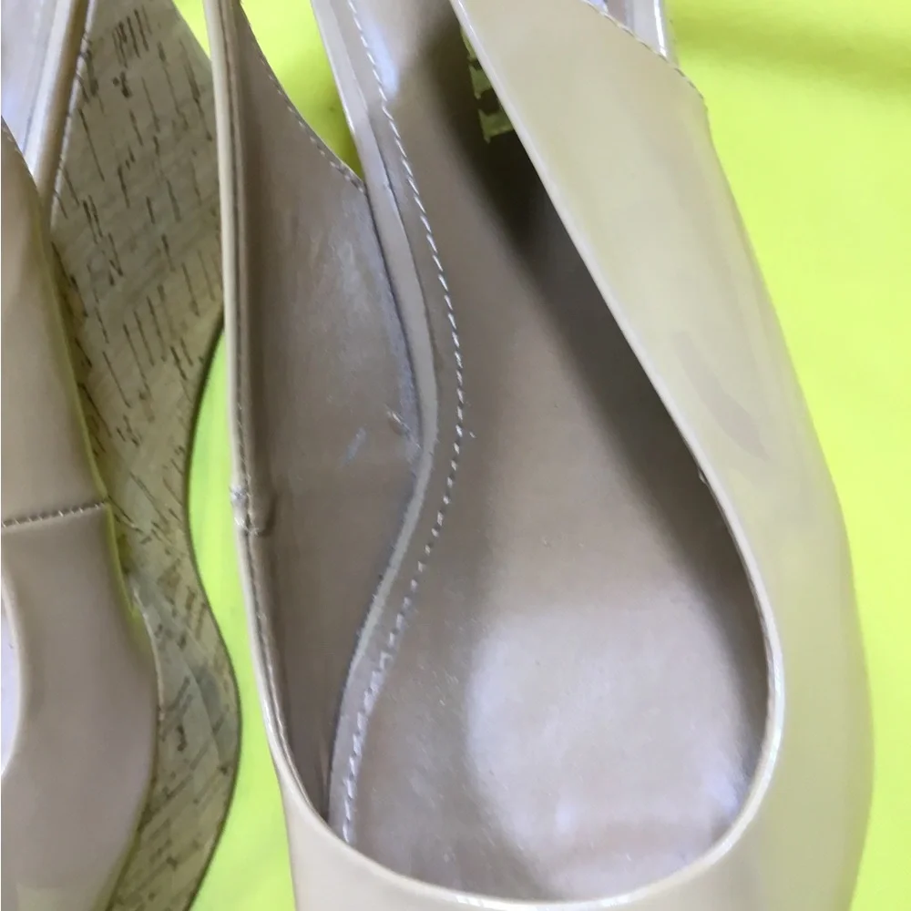 Coach Nude Patent Peep-Toe Wedge Slingbacks